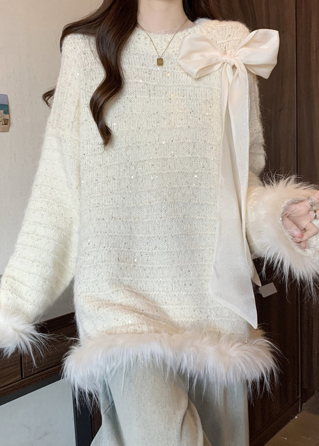 White Patchwork Faux Fur Knit Trendy Sweaters Oversized Fall