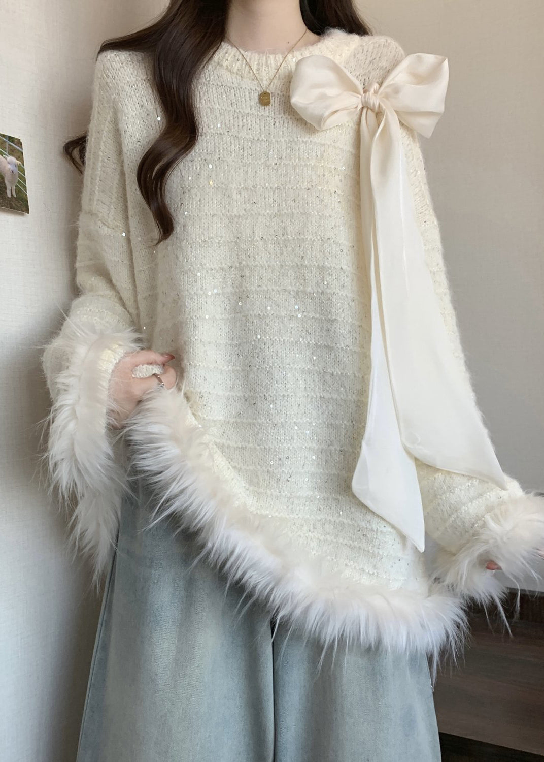 White Patchwork Faux Fur Knit Trendy Sweaters Oversized Fall