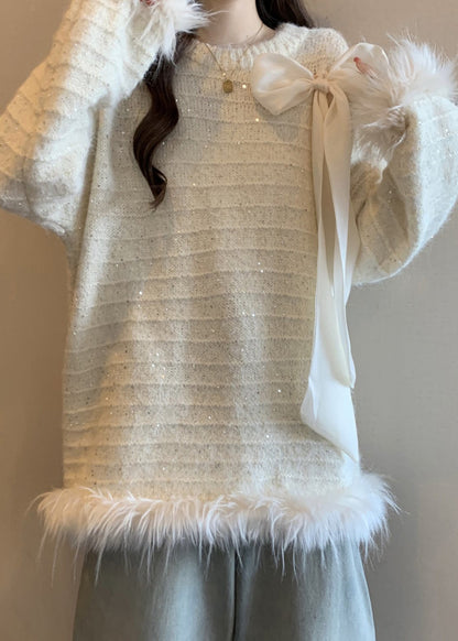 White Patchwork Faux Fur Knit Trendy Sweaters Oversized Fall
