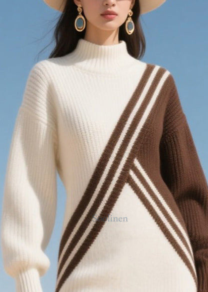White Patchwork Knitwear Dress Asymmetrical Winter