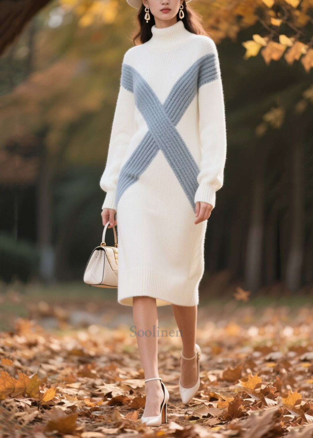 White Patchwork Lace Sweater Dress Oversized High Neck Winter