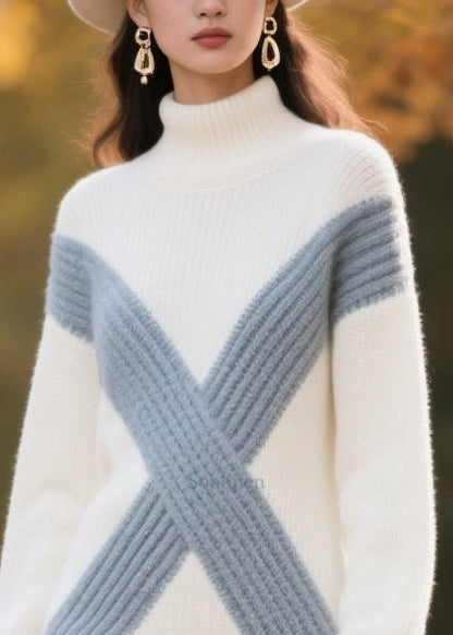 White Patchwork Lace Sweater Dress Oversized High Neck Winter