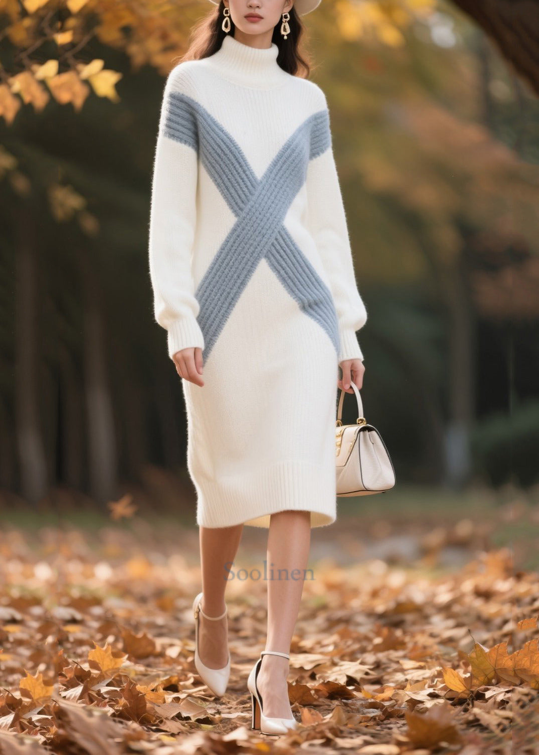 White Patchwork Lace Sweater Dress Oversized High Neck Winter