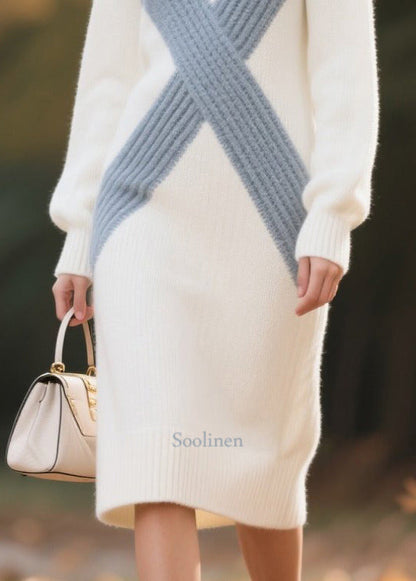 White Patchwork Lace Sweater Dress Oversized High Neck Winter