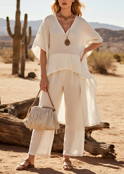White Patchwork Linen Two Piece Suit Set Oversized Low High Design Summer