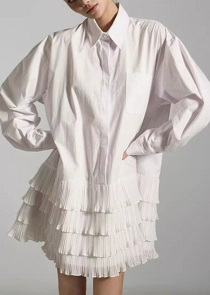 White Patchwork Mid Dresses Ruffled Lantern Sleeve