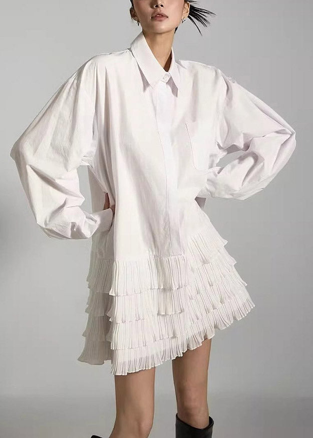 White Patchwork Mid Dresses Ruffled Lantern Sleeve
