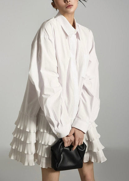 White Patchwork Mid Dresses Ruffled Lantern Sleeve