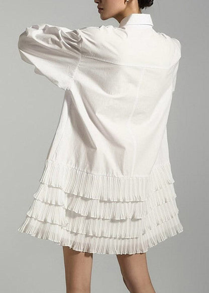 White Patchwork Mid Dresses Ruffled Lantern Sleeve