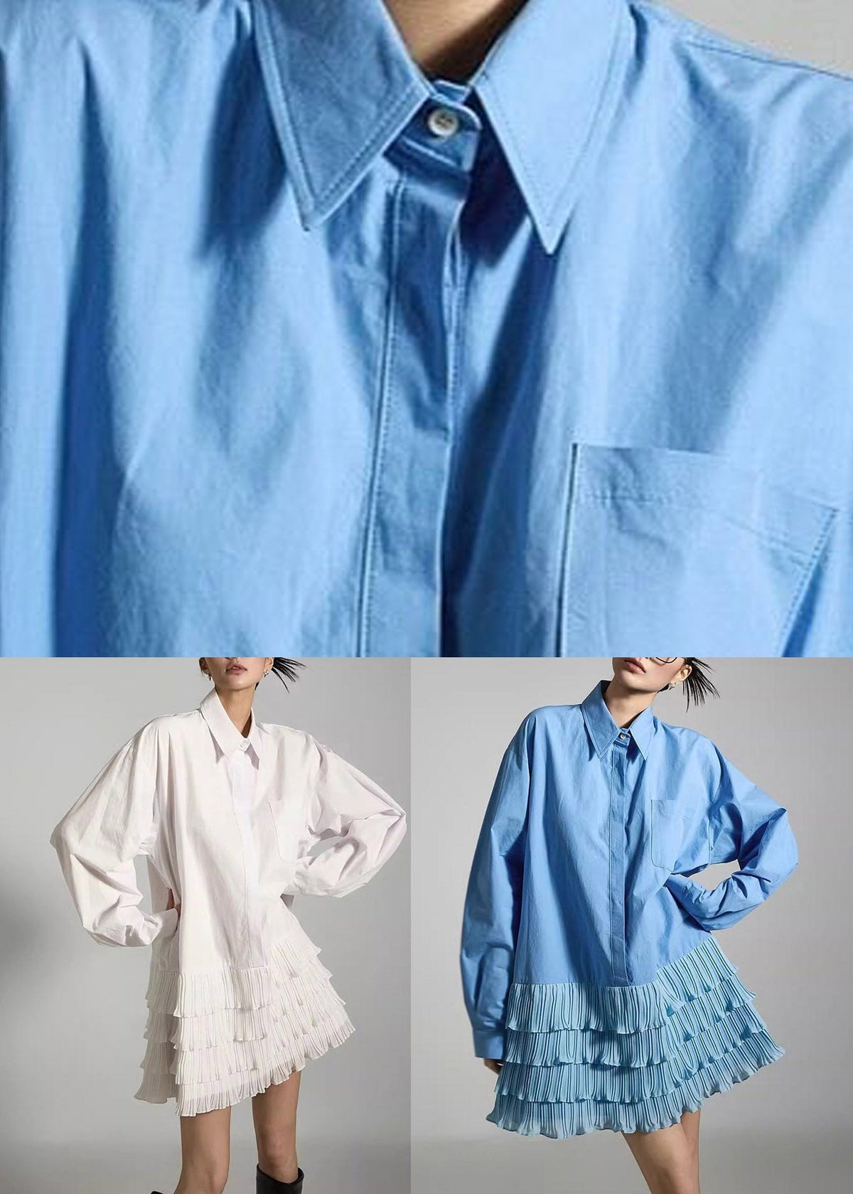 White Patchwork Mid Dresses Ruffled Lantern Sleeve