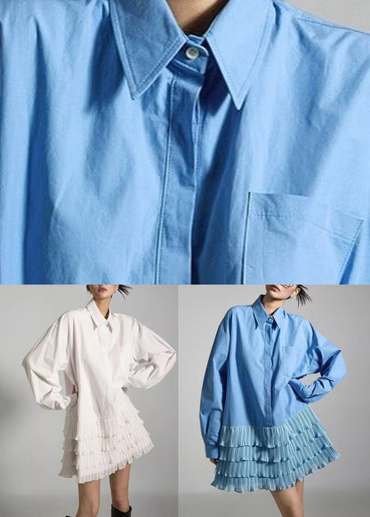 White Patchwork Mid Dresses Ruffled Lantern Sleeve