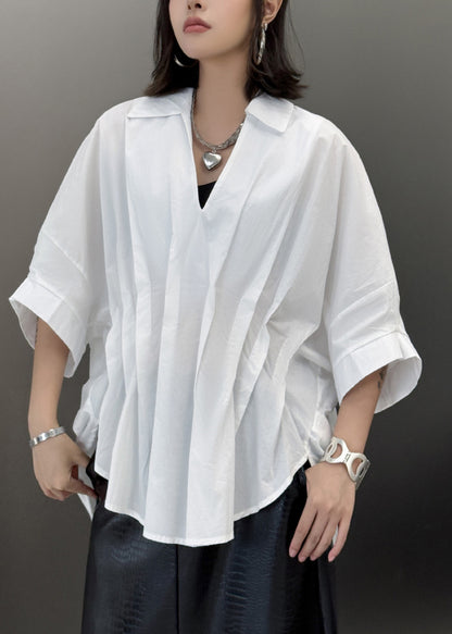 White Patchwork Novelty Cotton Shirt Top Asymmetrical Wrinkled Summer