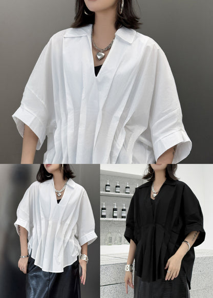 White Patchwork Novelty Cotton Shirt Top Asymmetrical Wrinkled Summer