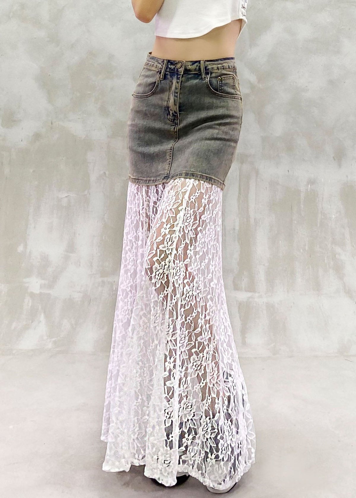 White Patchwork Pockets High Waist A Line Skirt