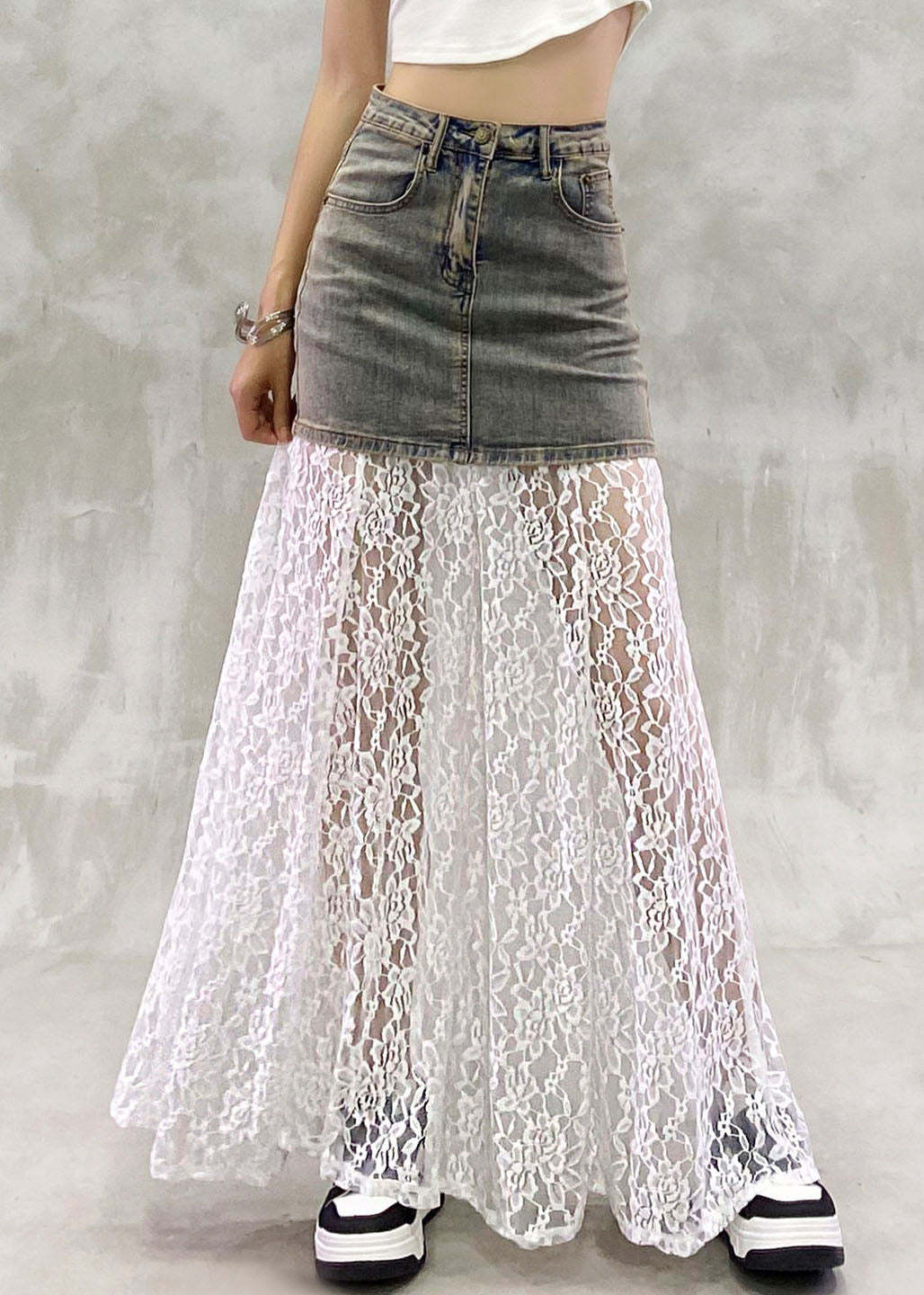 White Patchwork Pockets High Waist A Line Skirt