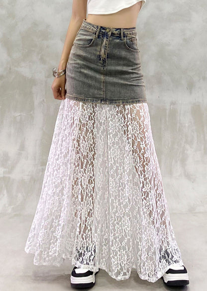 White Patchwork Pockets High Waist A Line Skirt