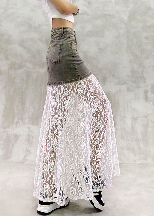 White Patchwork Pockets High Waist A Line Skirt