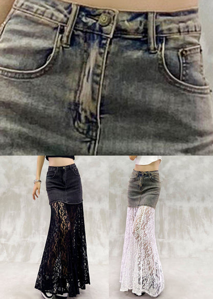 White Patchwork Pockets High Waist A Line Skirt