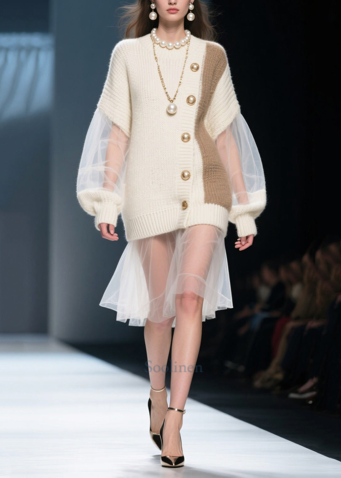 White Patchwork Tulle Long Sweater Oversized Natural Pearl Fall