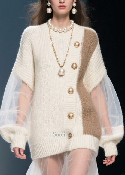 White Patchwork Tulle Long Sweater Oversized Natural Pearl Fall