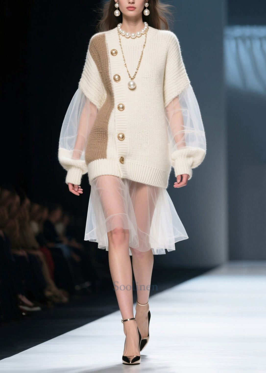 White Patchwork Tulle Long Sweater Oversized Natural Pearl Fall