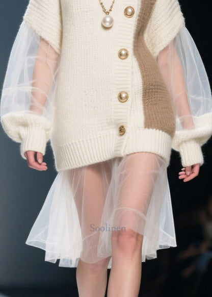 White Patchwork Tulle Long Sweater Oversized Natural Pearl Fall