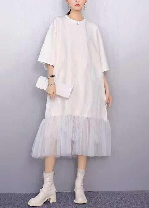 White Patchwork Tulle Vacation Dresses Oversized Summer