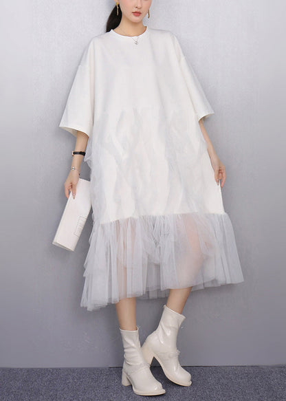 White Patchwork Tulle Vacation Dresses Oversized Summer