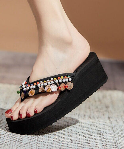 White Platform Cotton Fabric Retro Tasseled Thong Sandals