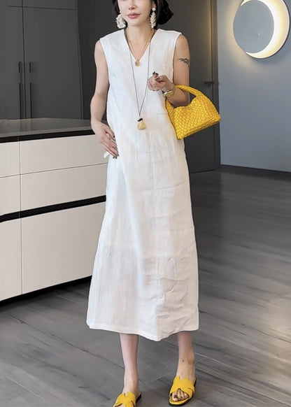 White Pockets False Two Pieces Cotton Long Dress V Neck Summer