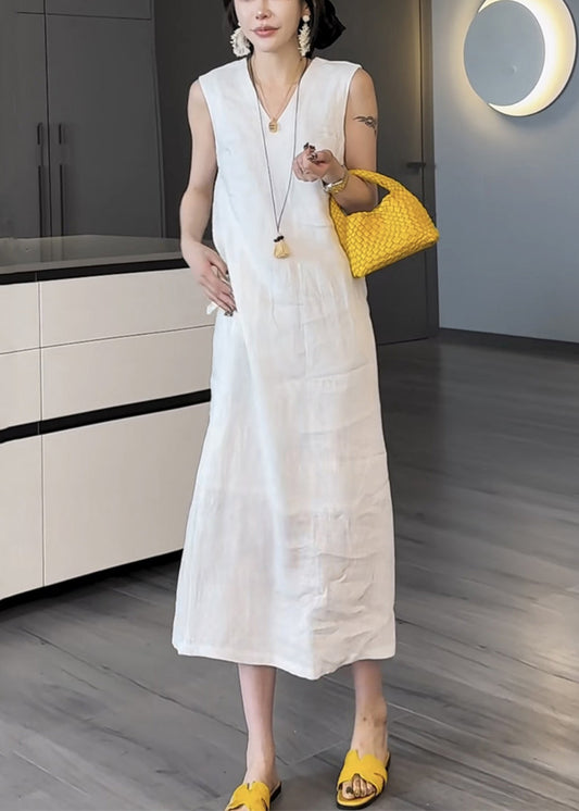 White Pockets False Two Pieces Cotton Long Dress V Neck Summer