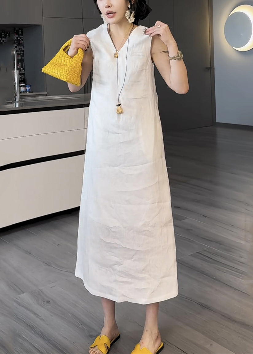 White Pockets False Two Pieces Cotton Long Dress V Neck Summer