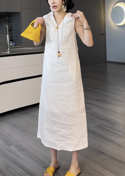 White Pockets False Two Pieces Cotton Long Dress V Neck Summer