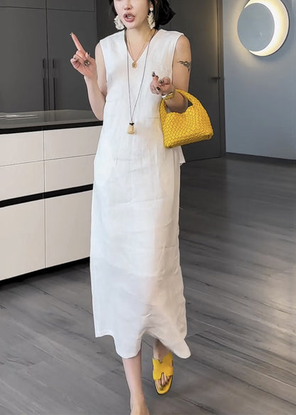 White Pockets False Two Pieces Cotton Long Dress V Neck Summer