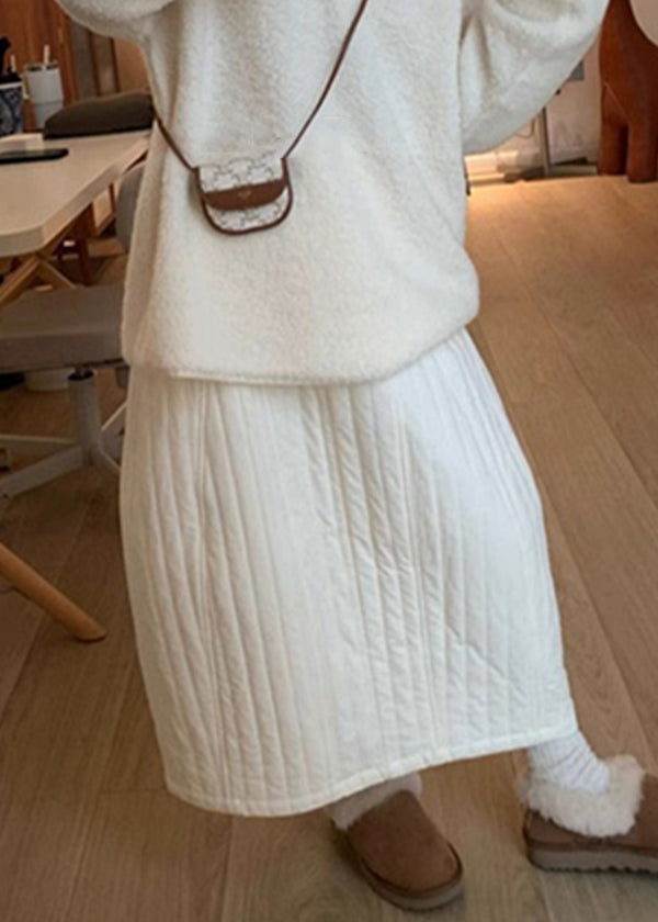 White Pockets Solid Cotton Filled Skirts Winter Elastic Waist