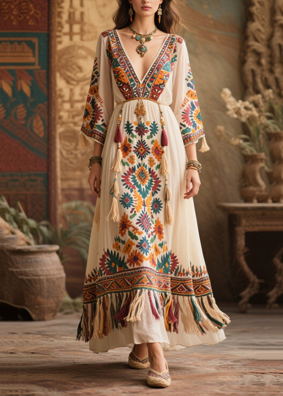 White Print Chiffon Maxi Dresses Tasseled Bracelet Sleeve