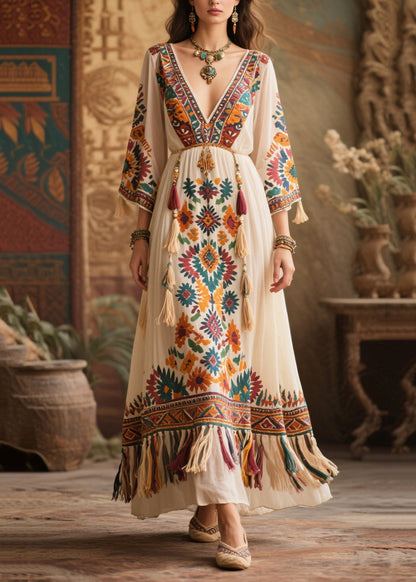 White Print Chiffon Maxi Dresses Tasseled Bracelet Sleeve