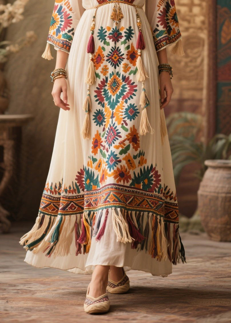 White Print Chiffon Maxi Dresses Tasseled Bracelet Sleeve