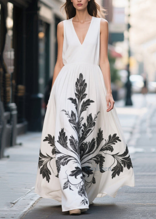 White Print Chiffon Vacation Dress Exra Large Hem Summer