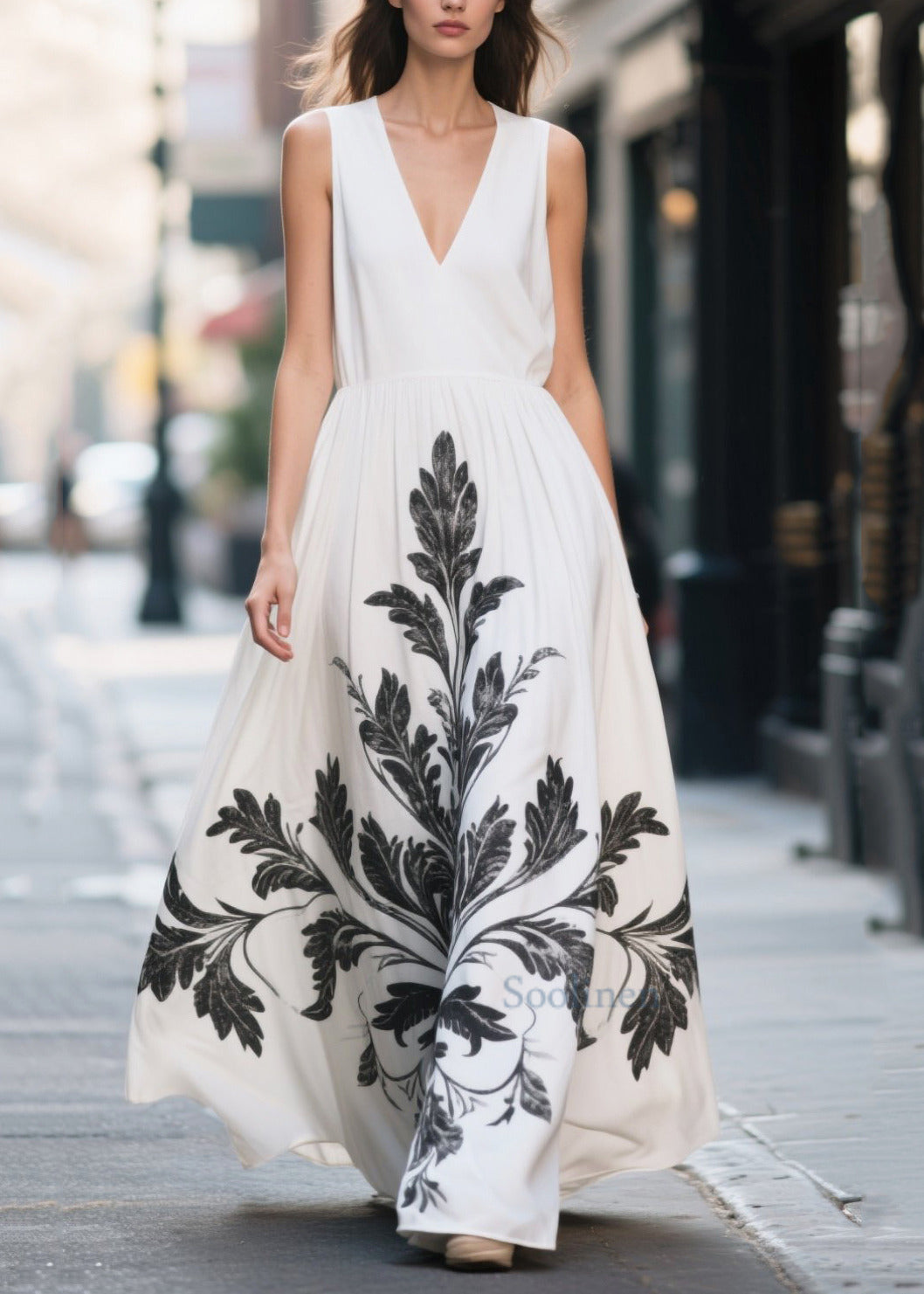 White Print Chiffon Vacation Dress Exra Large Hem Summer