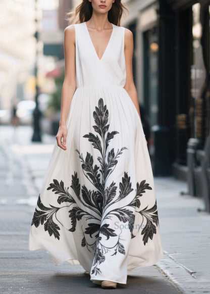 White Print Chiffon Vacation Dress Exra Large Hem Summer