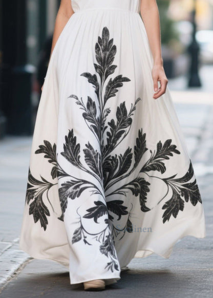 White Print Chiffon Vacation Dress Exra Large Hem Summer