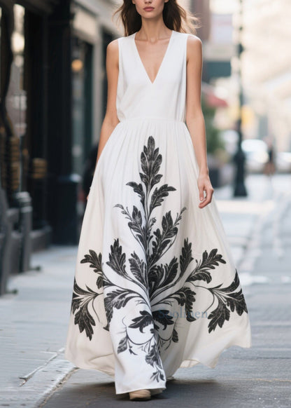 White Print Chiffon Vacation Dress Exra Large Hem Summer