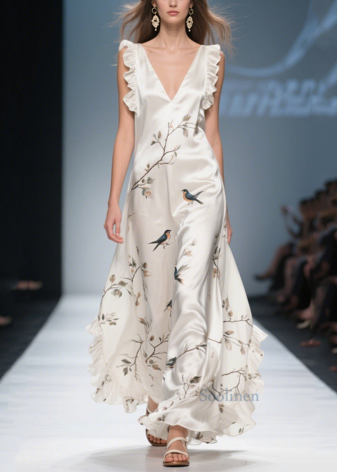 White Print Draping Silk Vacation Dresses Ruffled Summer