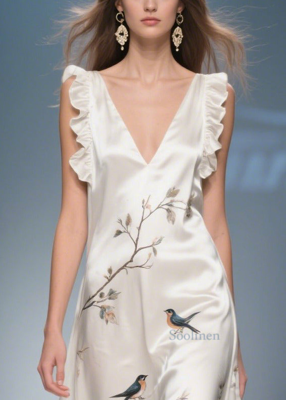 White Print Draping Silk Vacation Dresses Ruffled Summer