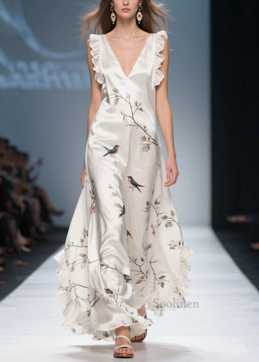 White Print Draping Silk Vacation Dresses Ruffled Summer