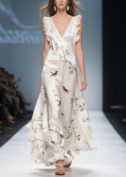 White Print Draping Silk Vacation Dresses Ruffled Summer