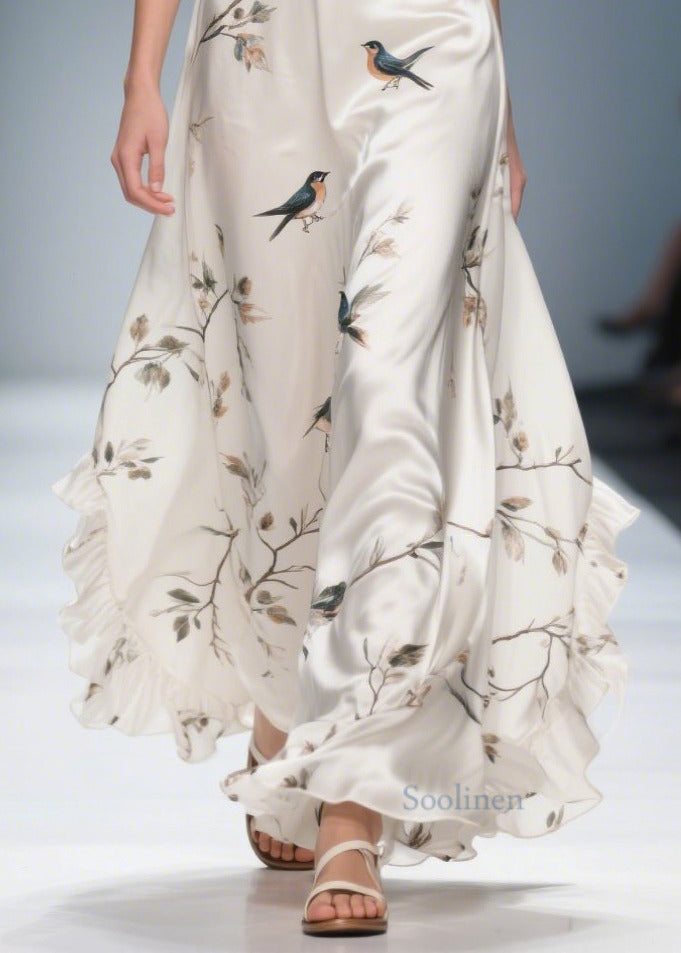 White Print Draping Silk Vacation Dresses Ruffled Summer