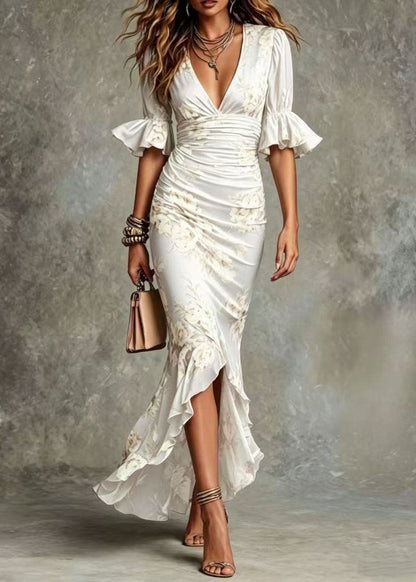 White Print Holiday Dress V Neck Ruffled Flare Sleeve