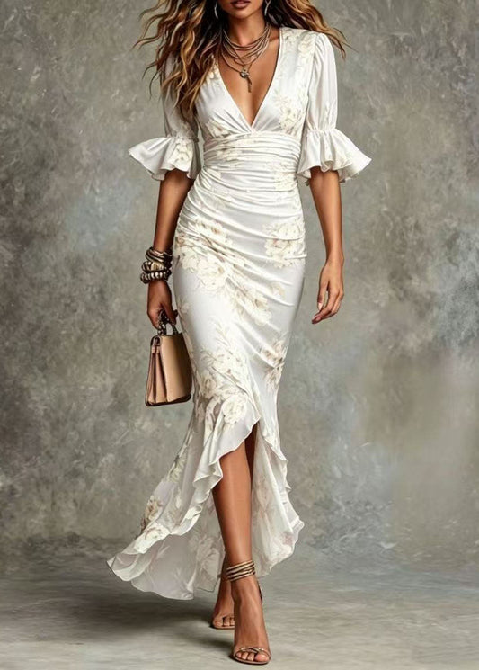 White Print Holiday Dress V Neck Ruffled Flare Sleeve